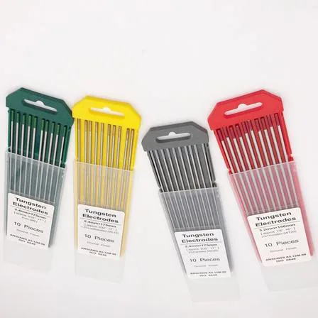 Tungsten electrodes packed in 10-piece plastic boxes with color coded caps and type labels